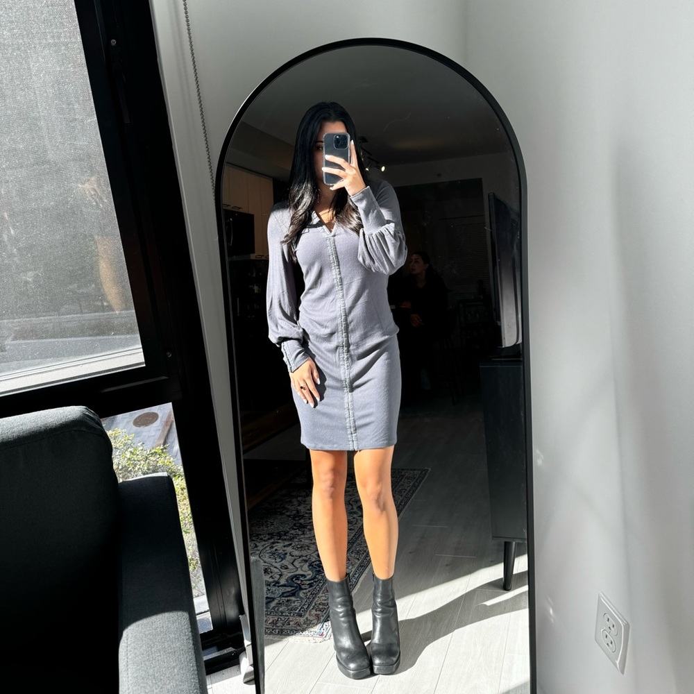 Grey Button Down Dress with Puffy Cuffed Arms